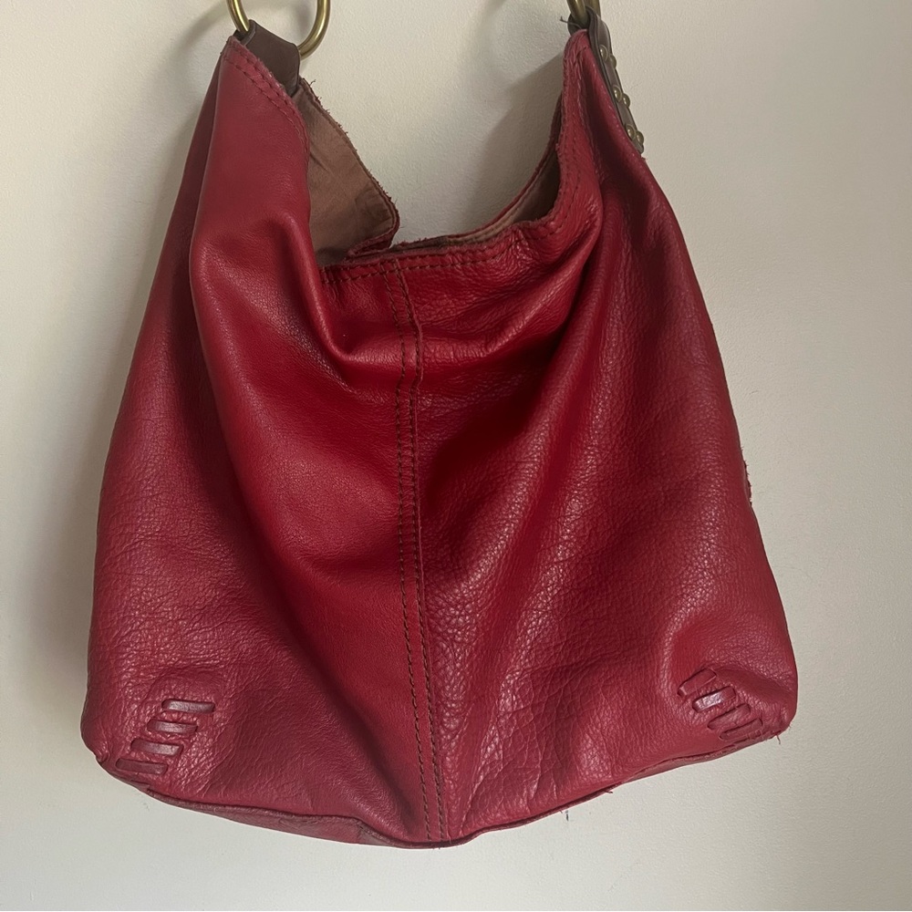 Lucky Brand Vintage Inspired Penny Whipstitch Red Leather Hobo Shoulder Bag - Picture 3 of 10